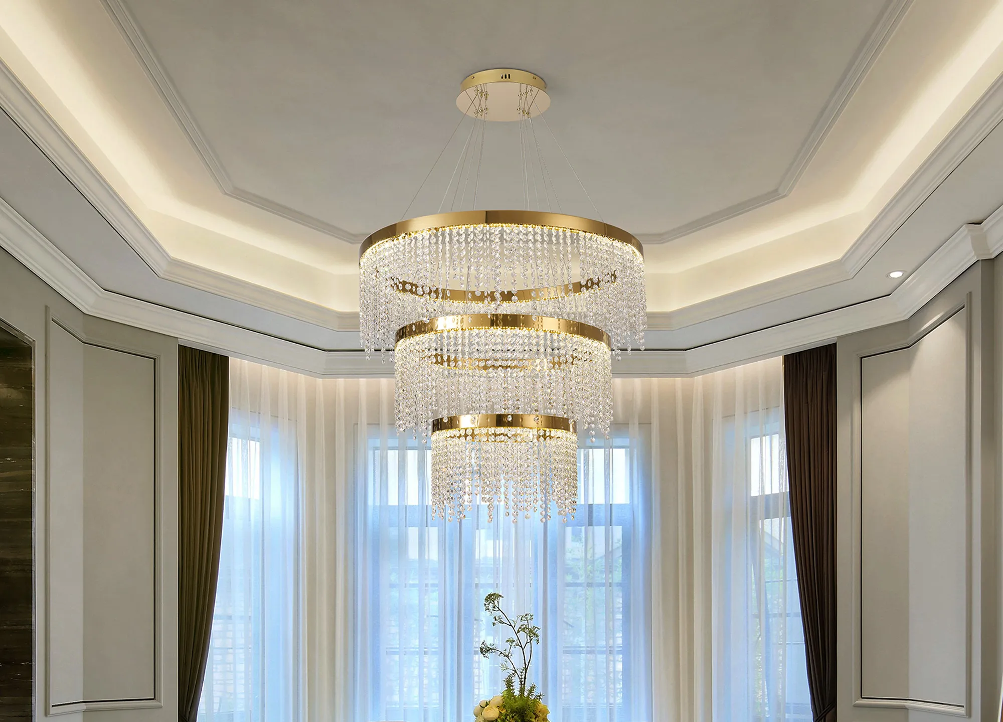 Bano French Gold Crystal Ceiling Lights Diyas Tiered Crystal Fittings